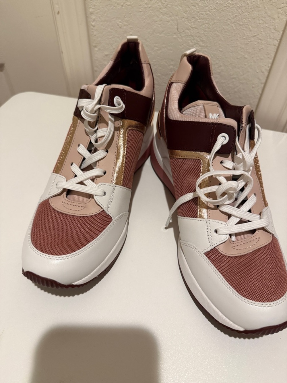 Michael Kors Rose Pink, White & Gold Mixed-Material Sneakers